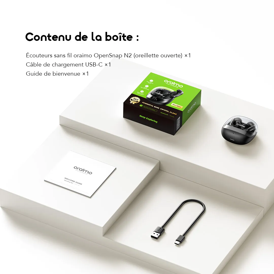 Oraimo OpenSnap N2 OPN-374N — Écouteurs Open Ear | Bluetooth 6.0 | Traduction IA | 26 h avec boîtier | Livraison Gabon | Kadmarket
